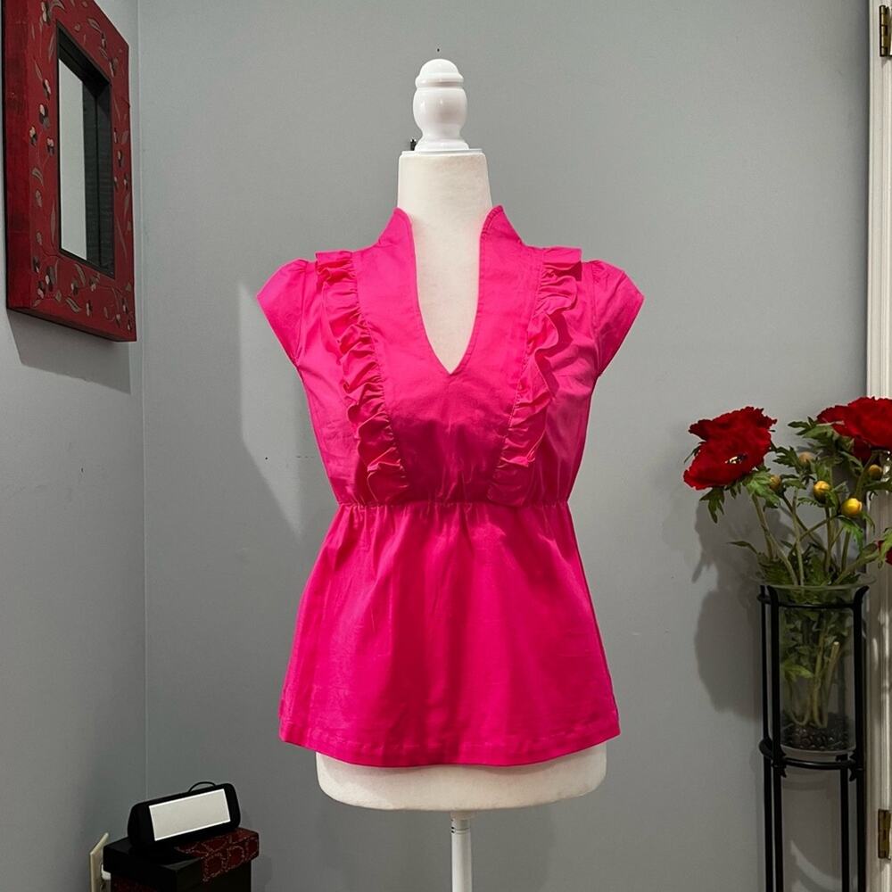 NEW Odille Anthro Retro Ruffle V Neck Smocked Crisp Cotton Tennis Club Top NWOT